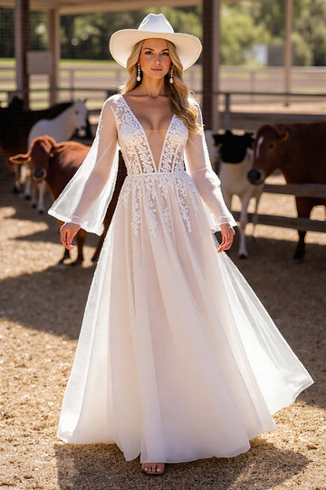 White A Line Appliqued Wedding Dress with Long Sleeves
